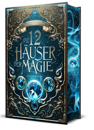 Das Cover ist mittig dunkelblau und hat in den Ecken und am Rand dunkle goldene und braune Schnörkel. In den Ecken sind kleine blaue Kristalle verteilt. In der Mitte des Covers ist in großen Buchstaben der Titel abgebildet. Über dem Titel befindet sich ein kleines Banner, auf dem der Name des Autors steht. Unter dem Titel in der Mitte ist ein großer blauer Kristall, an dessen linker und rechter Seite jeweils ein mittelgroßer blauer Kristall zu sehen ist. Mittig unter dem großen Kristall befinden sich ebenfa